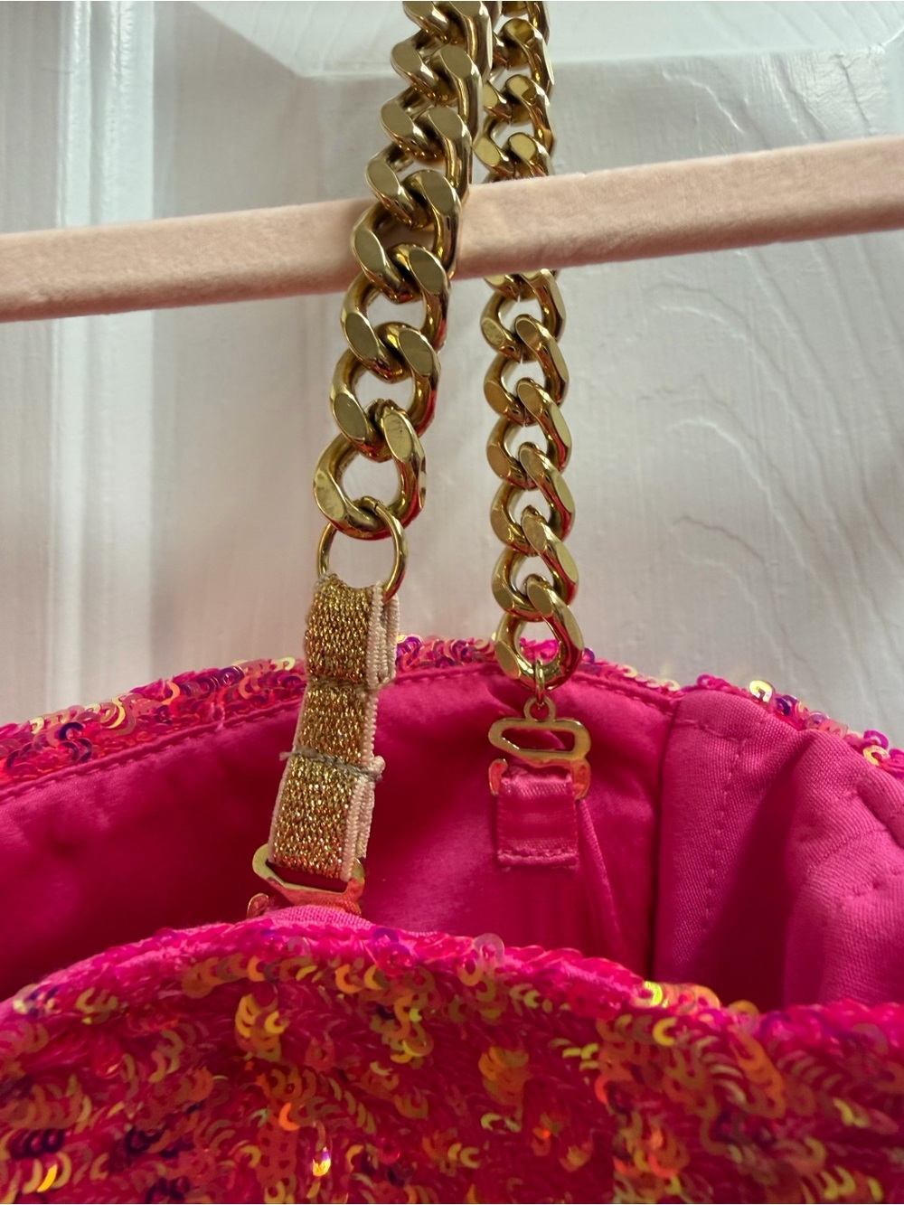 NADINE MERABI Coral Sequin Mini Dress with Gold Chain Straps - Picture 3 of 4